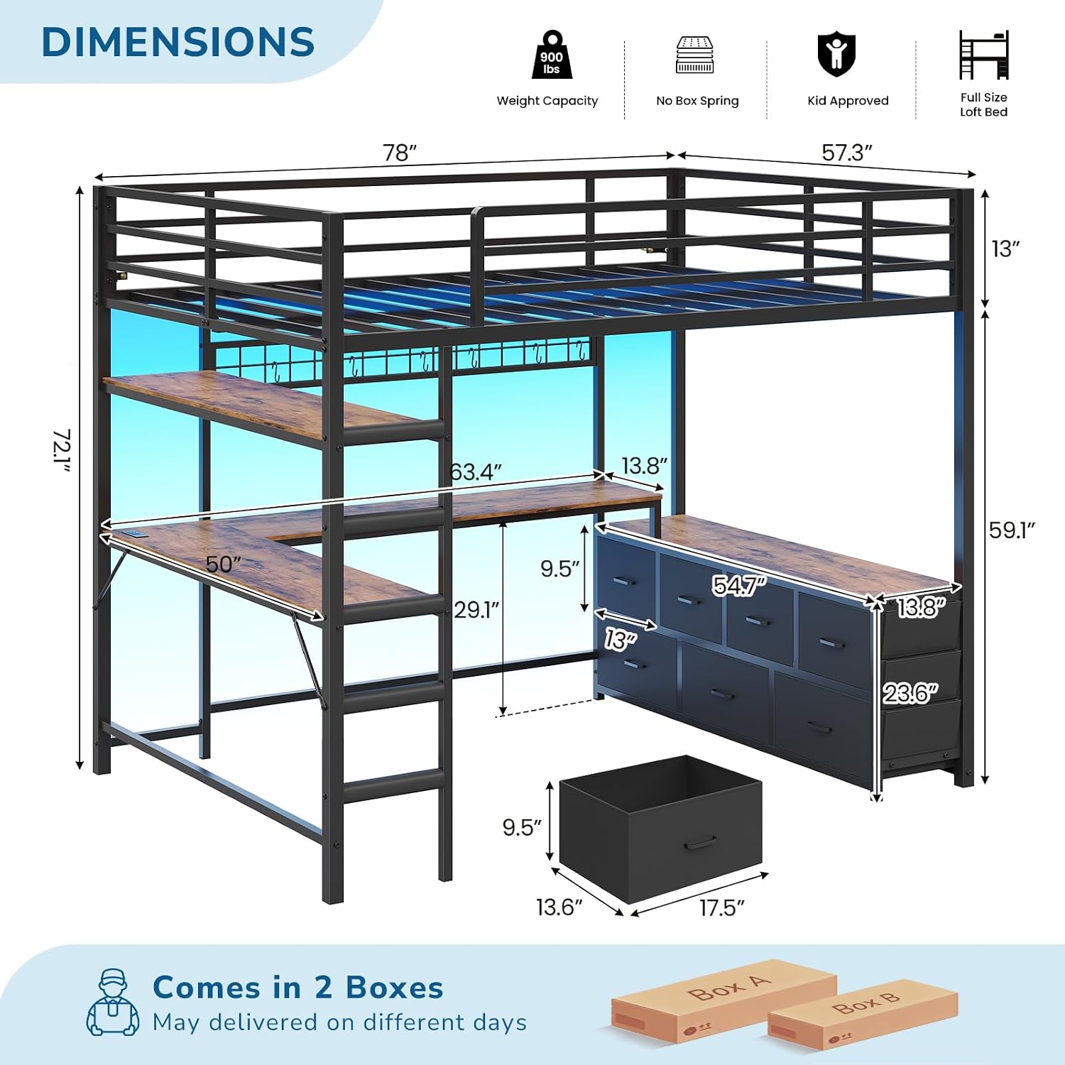 Desk Charging Station - Full Size Loft Bed with U-Shaped