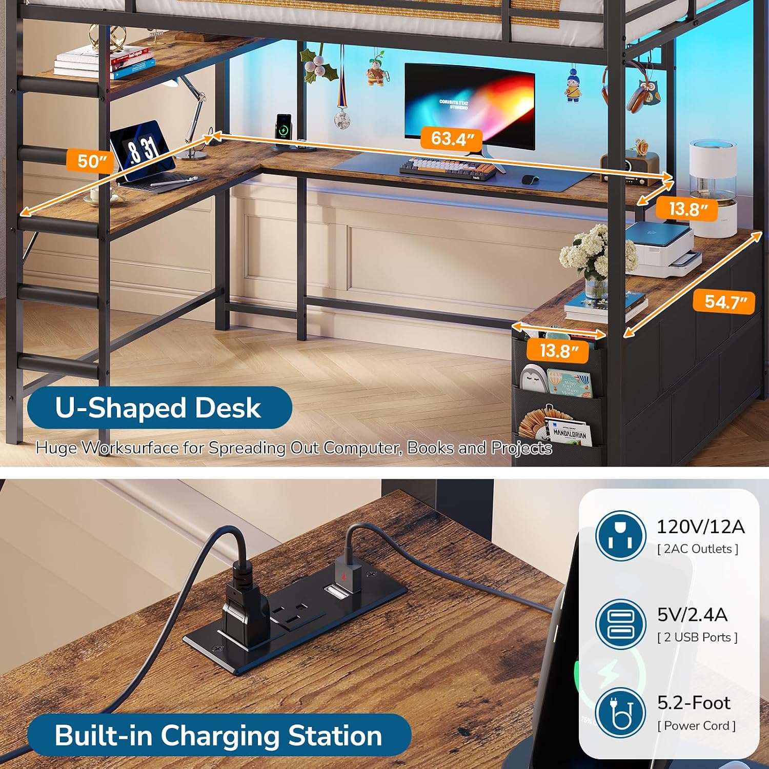 Full Size Loft Bed with U-Shap - огляд і ціна Desk Charging Station